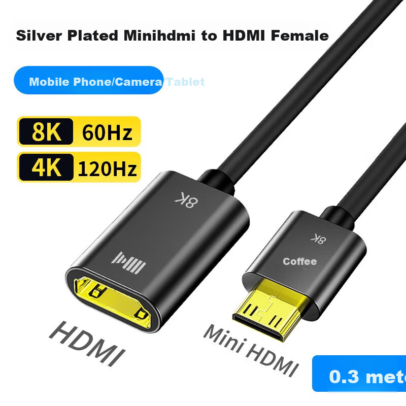 Kaiboer MiniHDMI to HDMI 2.1 Cable 8K60Hz 4K120Hz 0.3m Slim Silver-Plated