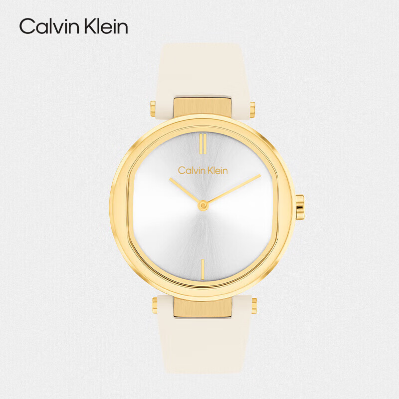 Calvin Klein Women's Elegant Leather Wristwatch with White Strap and Sunray Dial