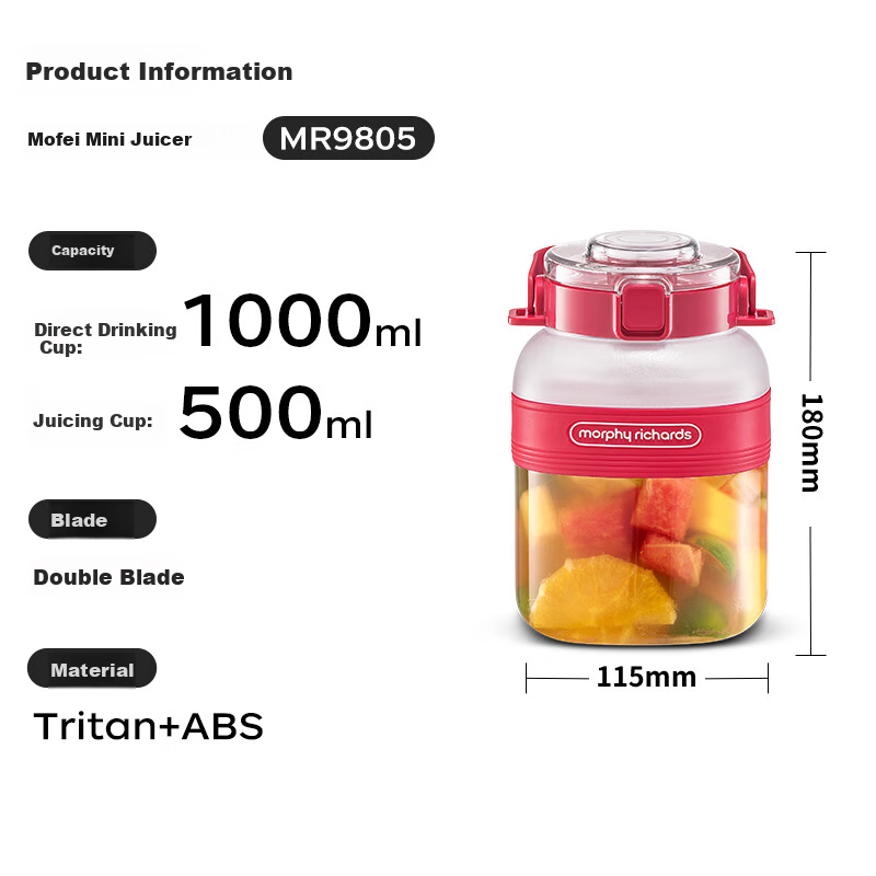 Morphyrichards Portable Juicer Cup with Wireless Charging, 1L, Red