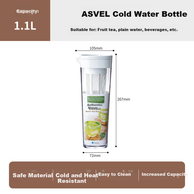ASVEL Cold Brew Pitcher with Tea Strainer, 1.1L Heat-Resistant Plastic Water Jug for Home and Travel