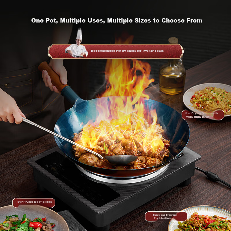 Royalstar 36cm Hand-Forged Iron Wok with Lid - Non-Coated Non-Stick for Gas Stove