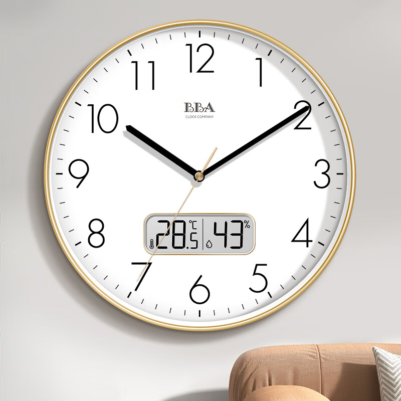 BBA Wall Clock with Temperature & Humidity Display, Perpetual Calendar - Simple Design, 30cm Champagne Gold