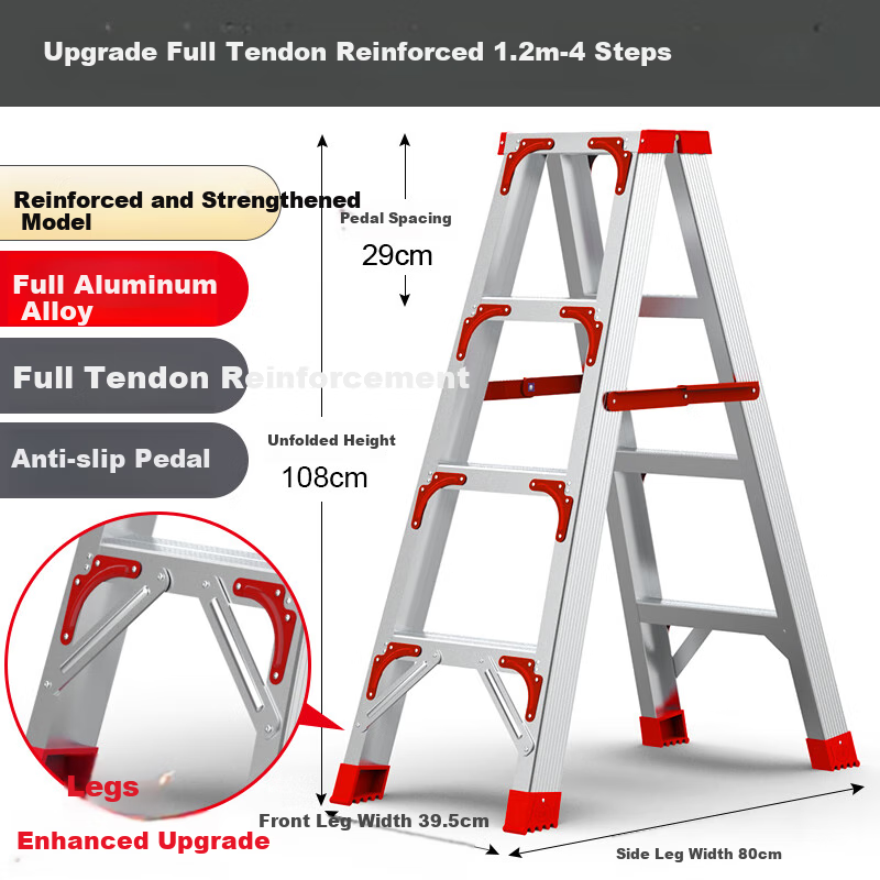 Chuangshuo Thickened Aluminum A-Frame Ladder - 1.2m Red Folding Stair