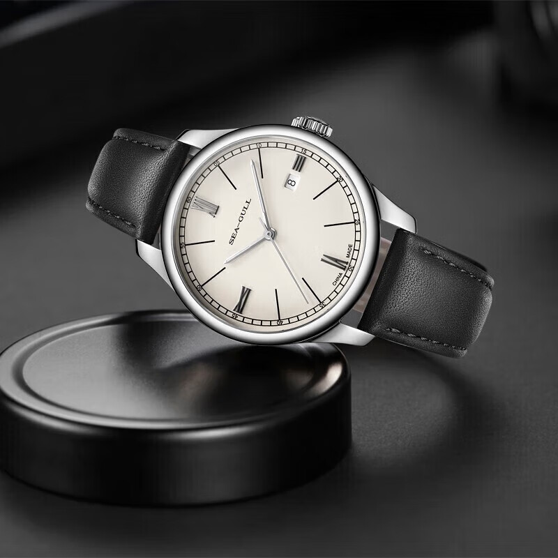 SEAGULL Men's Automatic Mechanical Watch with Calendar Leather Strap - White Dial, Classic Style