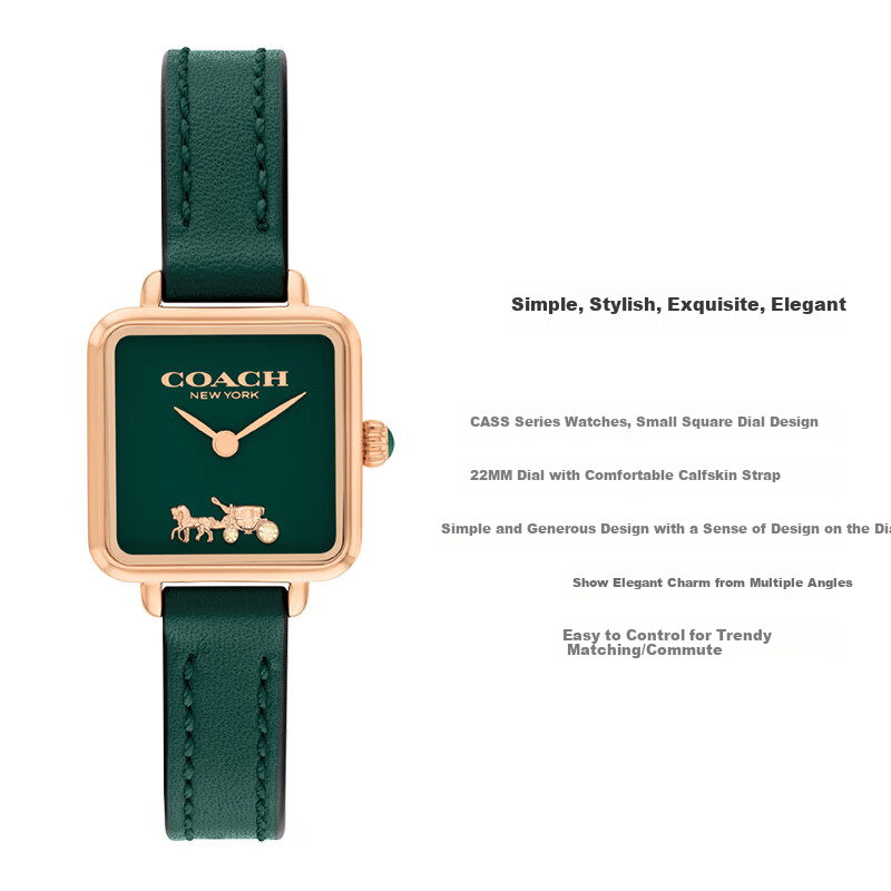 COACH CASS Series Small Square Green Leather Strap Watch - 22mm Dial, Elegant Women's Timepiece