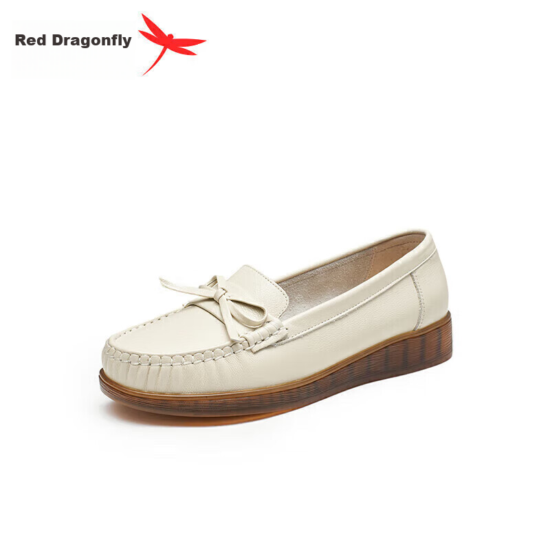 RED DRAGONFLY Cowhide Mom Shoes for Women - Soft Sole Wide-Toe Comfort Footwear (Beige, Size 39)