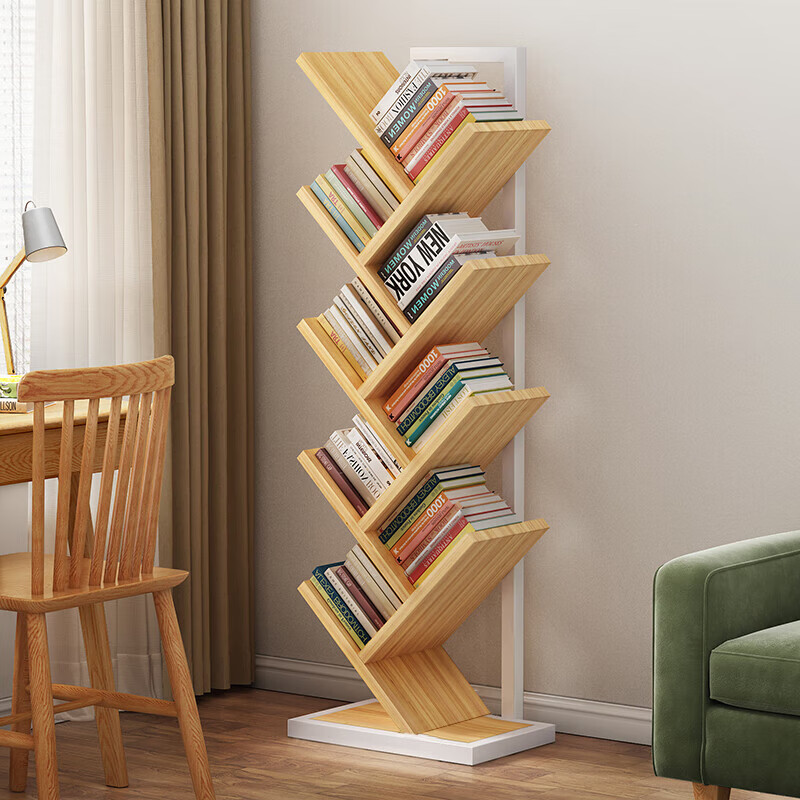 ANERYA Tree-Shaped 8-Tier Solid Wood Bookshelf with Steel Frame – Creative Storage Rack for Home or Office
