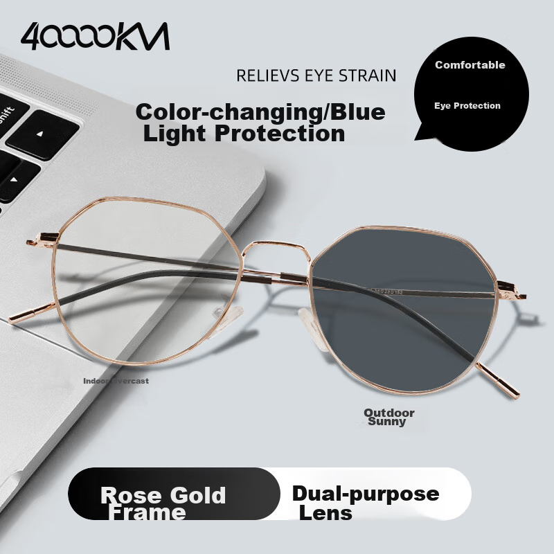 40000KM Blue Light Blocking Glasses - Gold Wire Frame with Photochromic Lenses