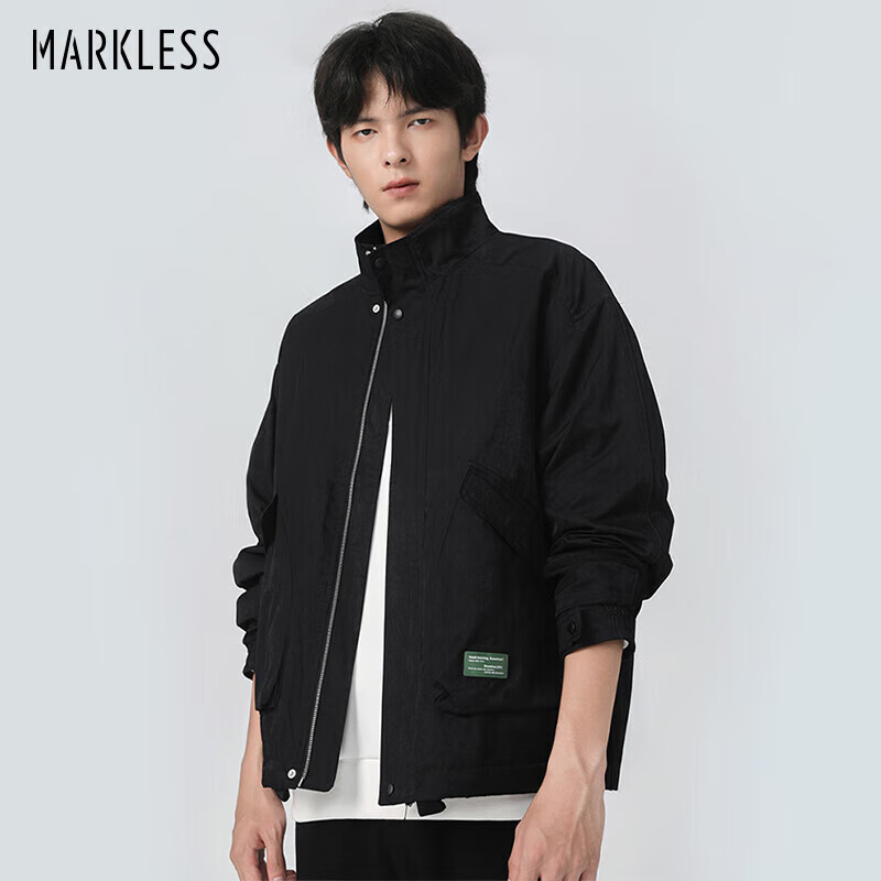 MARKLESS Men's Windproof Stand Collar Jacket - Autumn/Winter Solid Color Workwear (XL, Black)