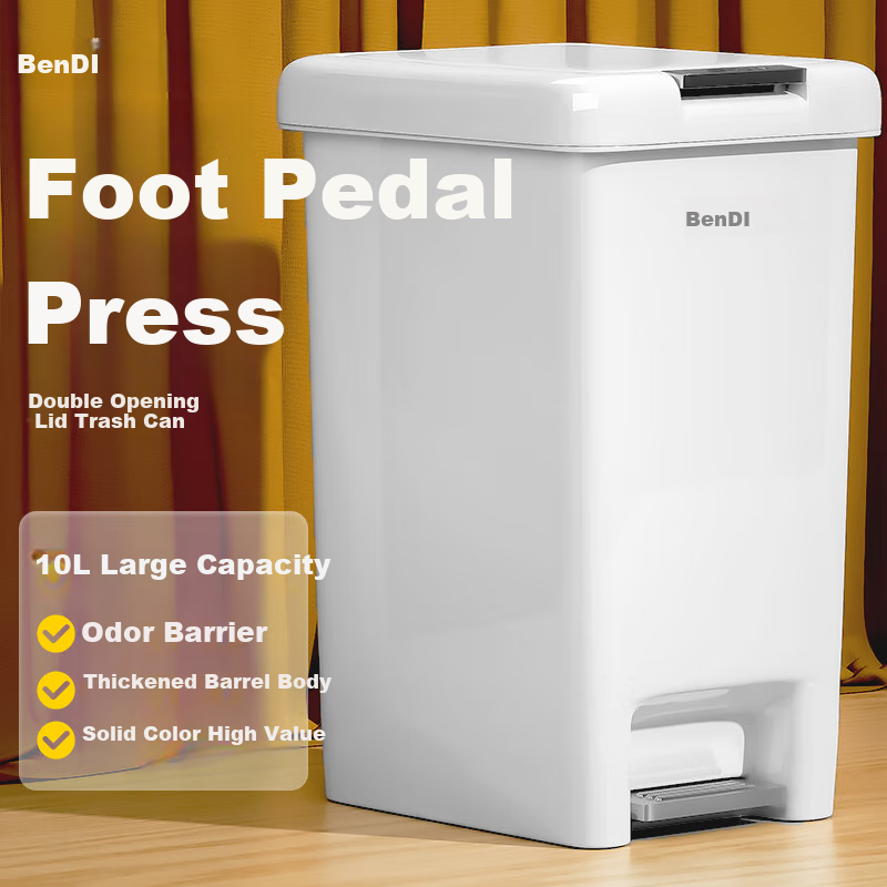 Bendi 10L Foot Pedal Trash Can with Double Lid - Durable Large Garbage Bin for Home Use
