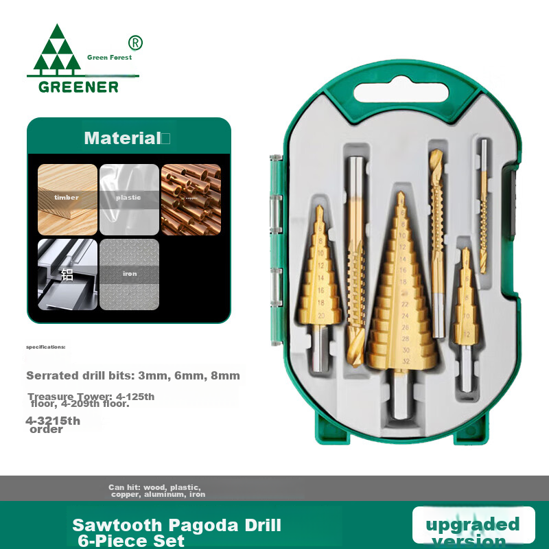 GREENER 6-Piece Pagoda Drill Bit Set for Metal & Wood Drilling