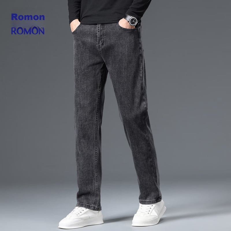 ROMON Men's Autumn/Winter Business Casual Straight-Leg Jeans (LM206) Smoke Gray 32