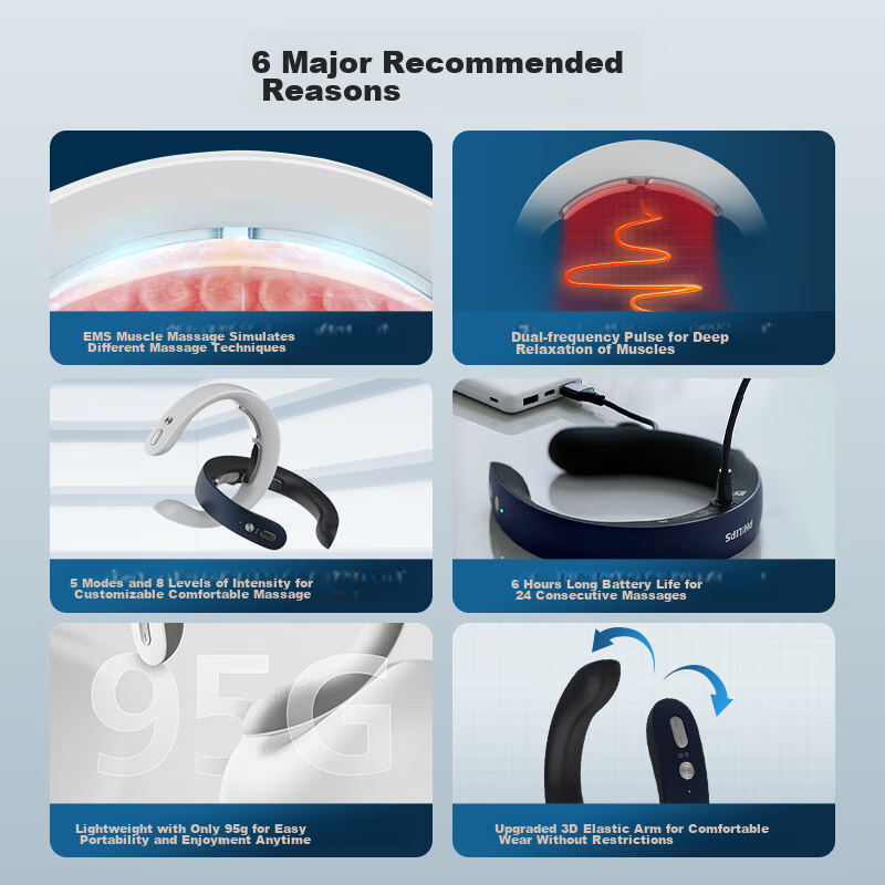 PHILIPS 3302N Dual-Frequency Neck Massager - Portable Shoulder & Cervical Pulse Relaxer with 5 Modes, 8 Intensity Levels, and 6-Hour Battery