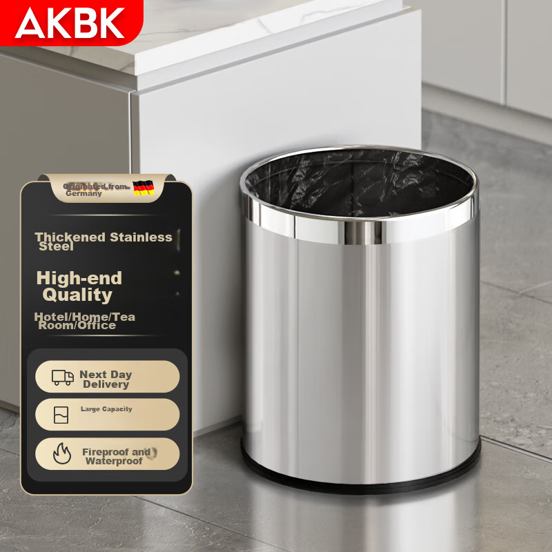 AKBK 15L Stainless Steel Trash Can - Rust-Proof, Leak-Proof for Kitchen, Living Room, Office