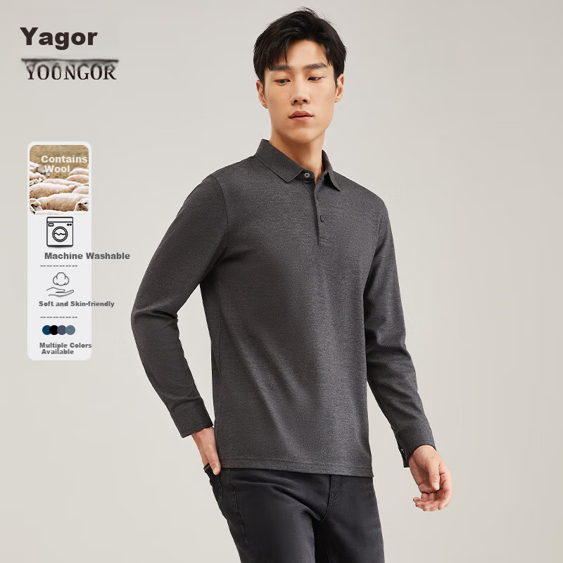 YOUNGOR Wool Blend Long Sleeve Polo Shirt