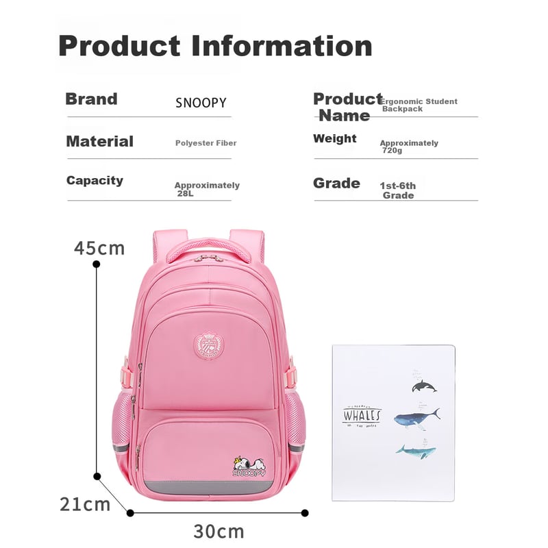 SNOOPY Elementary School Backpack for Girls - Preppy Style with Spine Protection