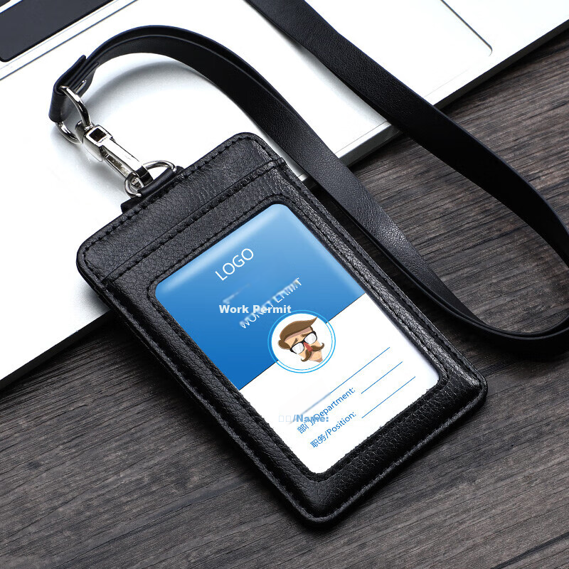 Longe Genuine Leather Work Badge Card Holder with Neck Strap