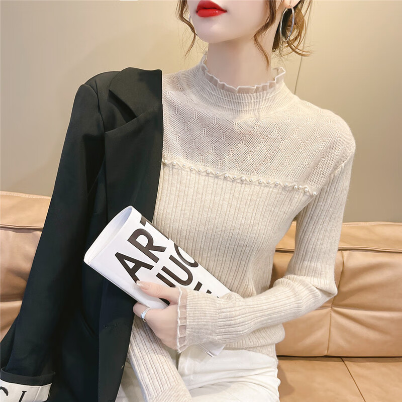 YUZHAOLIN Women's Semi-Turtleneck Pearl Knit Sweater