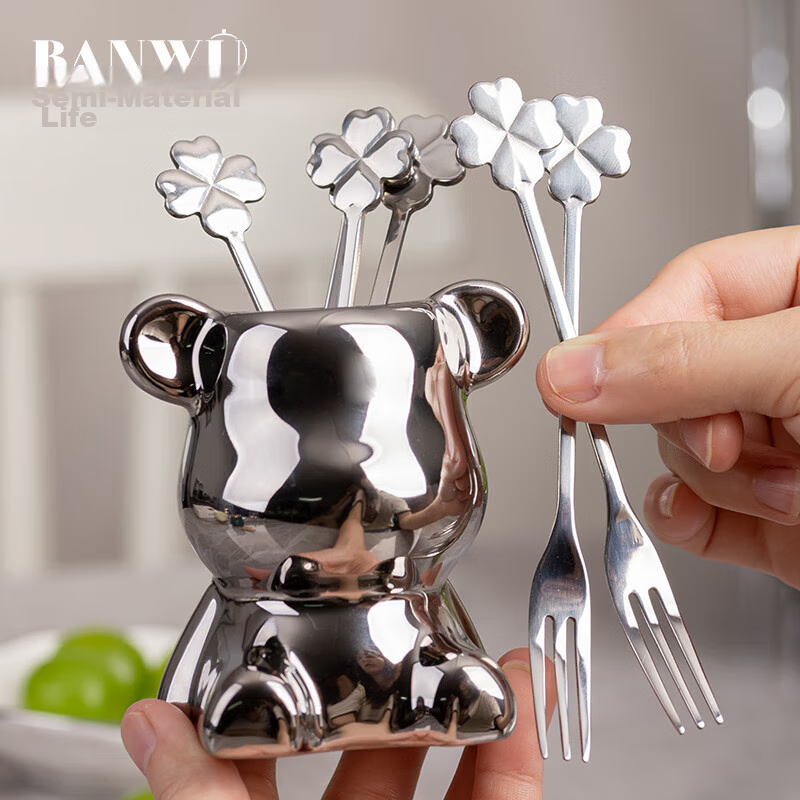 Banwushenghuo 304 Stainless Steel Fruit Forks with Bear Storage Container