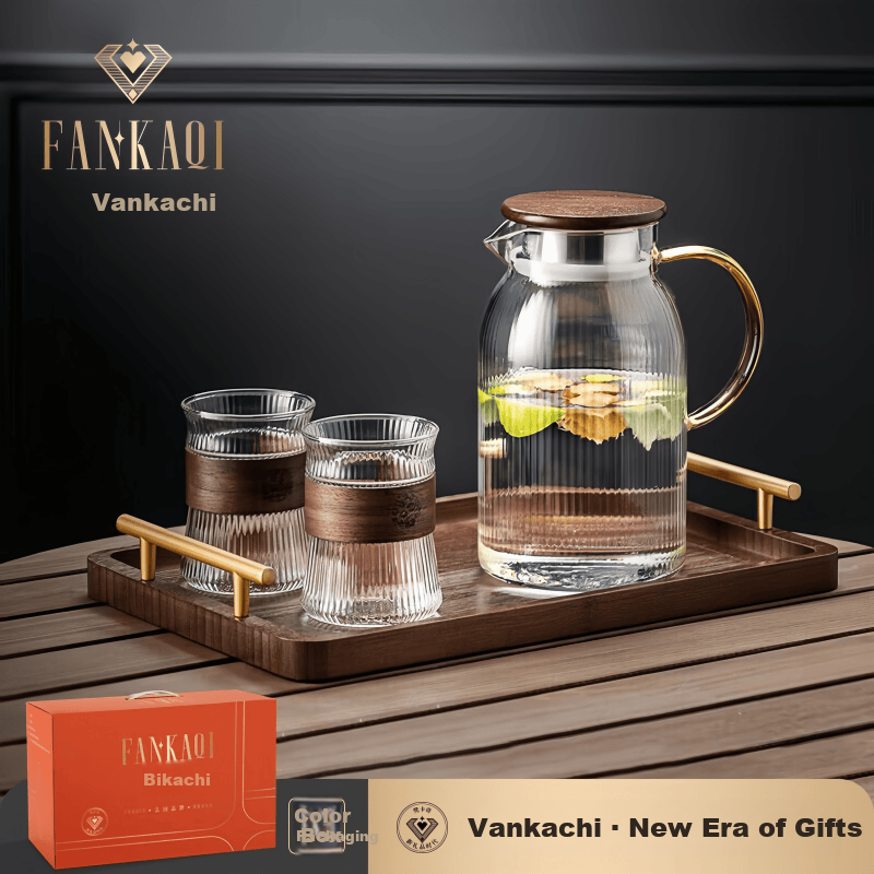 FANKAQI Stylish Cold Water Pitcher - 1.5L Heat-Resistant Glass Jug with Walnut Lid