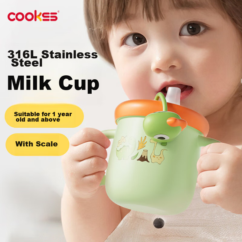 COOKSS Kids Milk Cup - 316L Stainless Steel Training Cup with Straw