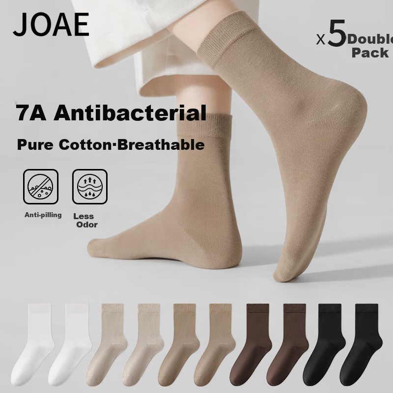 JOAE 100% Cotton Women's Socks - 5 Pairs, Black, Antibacterial