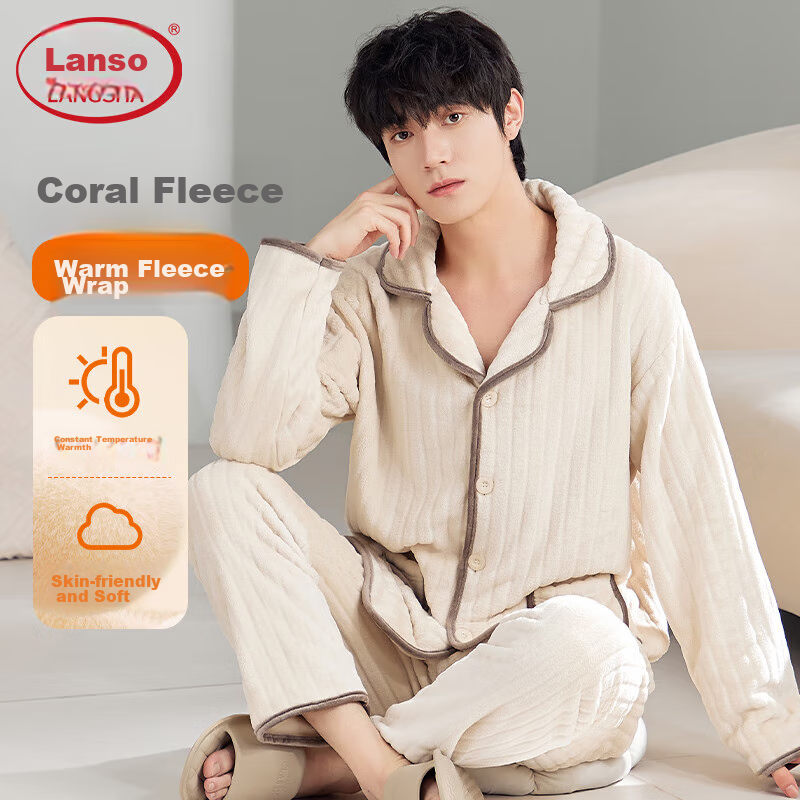 LangSha Men's Winter Pajamas - Thick Fleece-Lined Flannel
