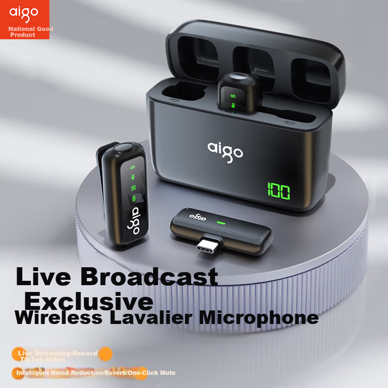 Aigo S21 Wireless Microphone - Dual-Channel Lavalier for Vlogs and Streaming