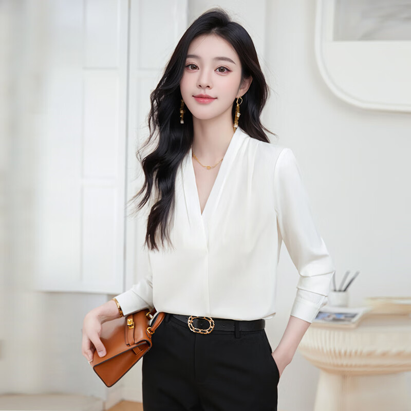 TELUOMAN Women's White V-Neck Blouse