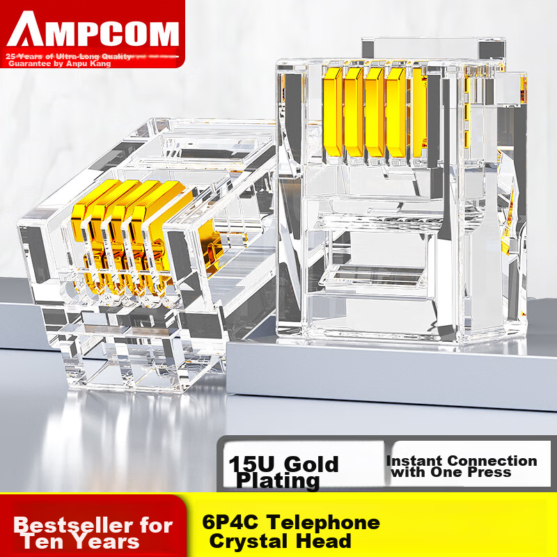 AMPCOM 6P4C Gold-Plated Telephone Connector