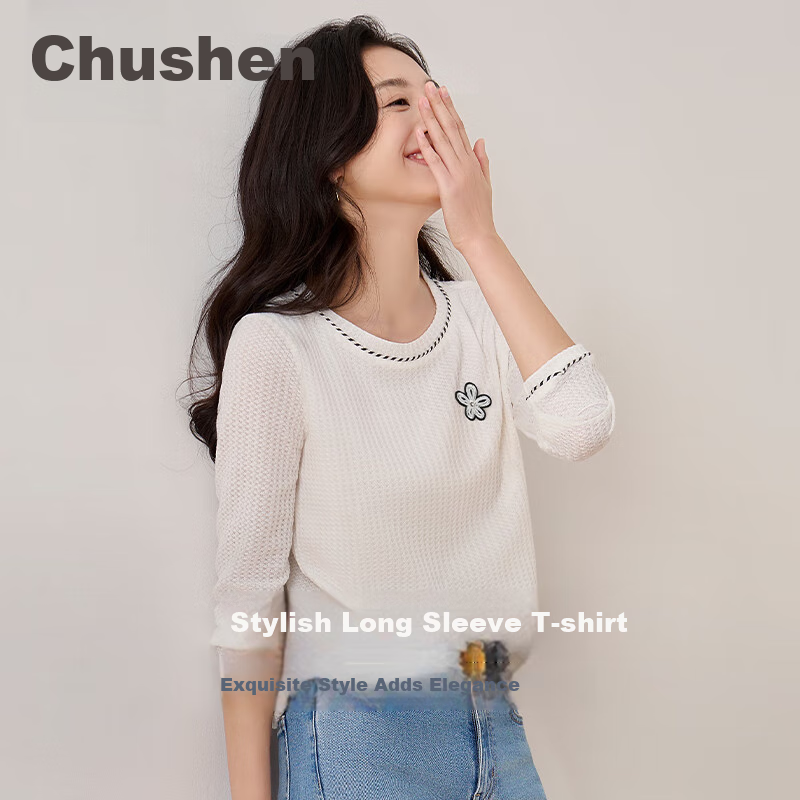 Chushen Women's Long-Sleeve Waffle Knit T-Shirt