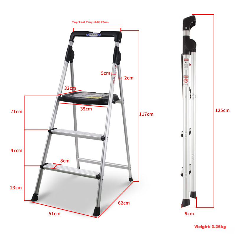 Werner Aluminum Alloy A-Frame Ladder - 3-Step Folding Step Ladder