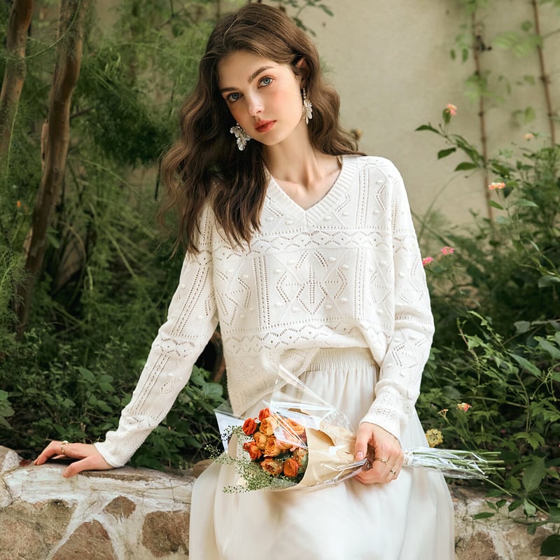 Olrain Apricot White Knit Sweater