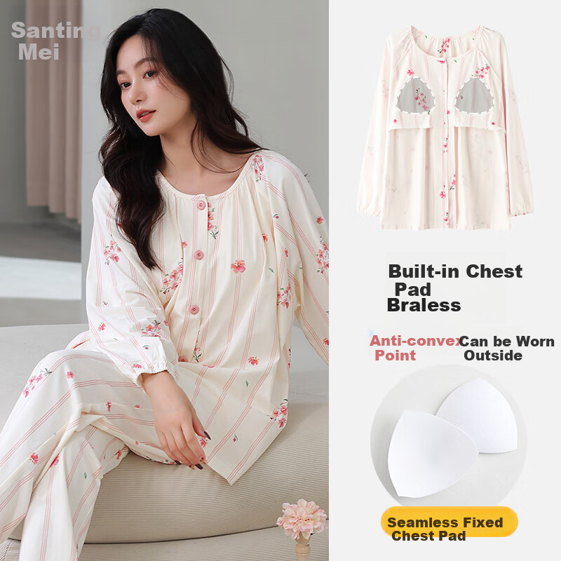 GRACEWELL Women's Pajamas with Chest Pads - Long-Sleeve & Long Pants Loungewear