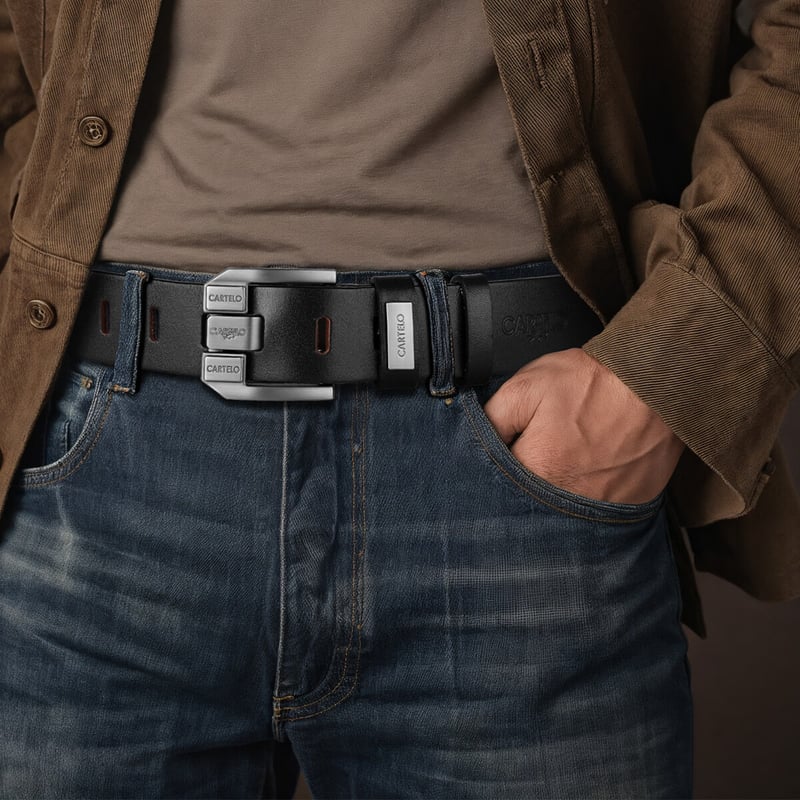 CARTELO Men's Top-Grain Leather Belt with Silver Buckle