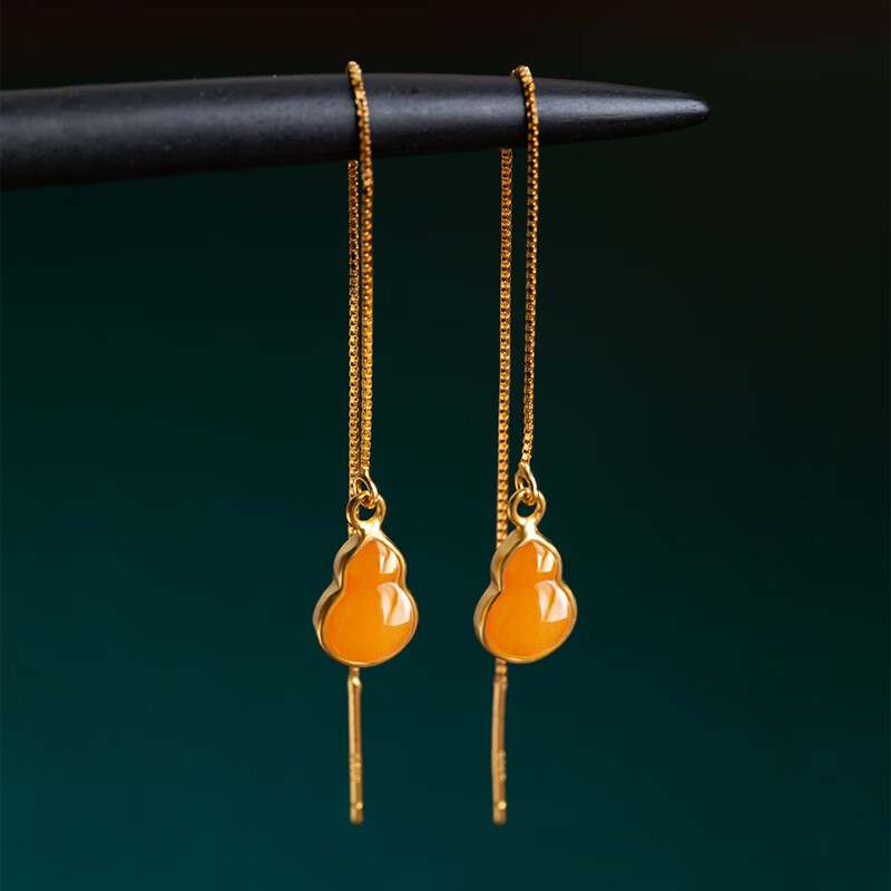 Xiaoyinjiang S925 Silver Gourd Earrings - Chinese Style Amber Jade Ear Studs