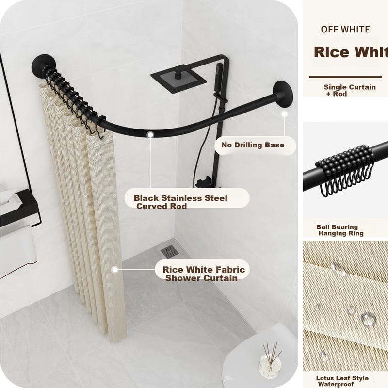 Honglu Thickened Faux Linen Shower Curtain with Curved Rod