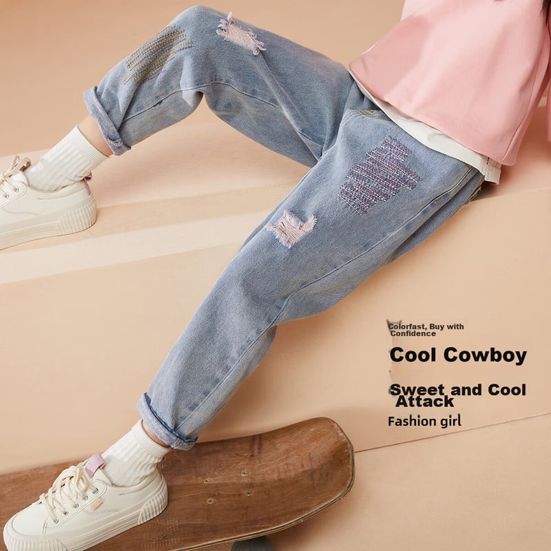 ASK JUNIOR Girls' Ripped Denim Pants 2025 Autumn