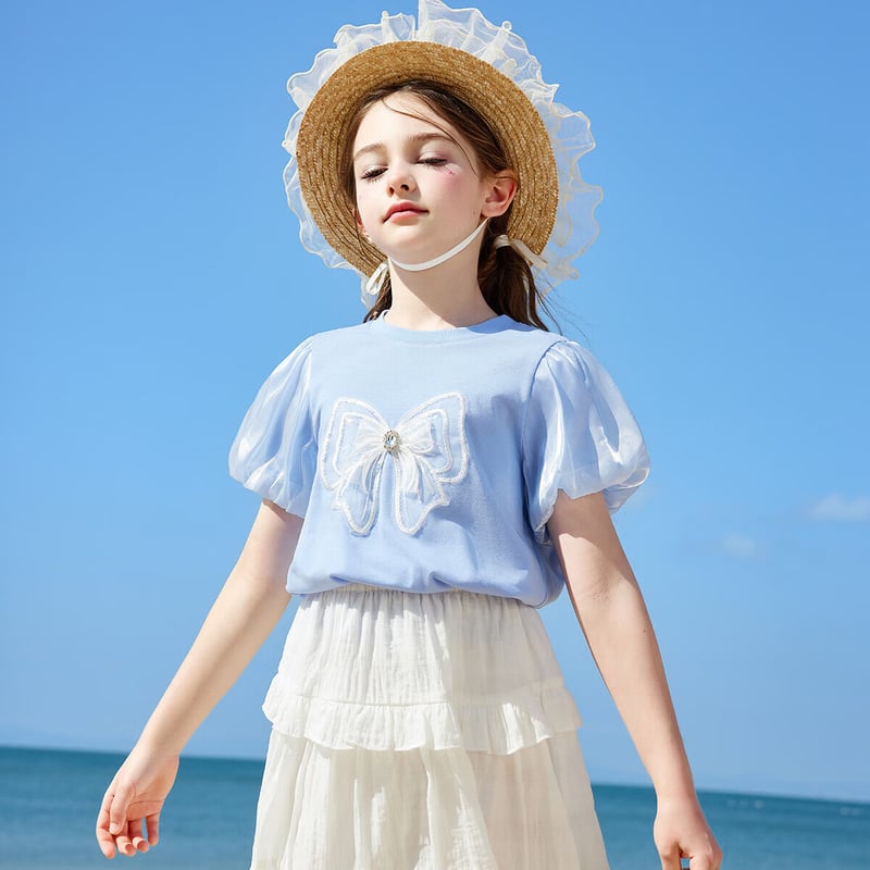 ASK JUNIOR Girls' Puff Sleeve T-Shirt with 3D Bow