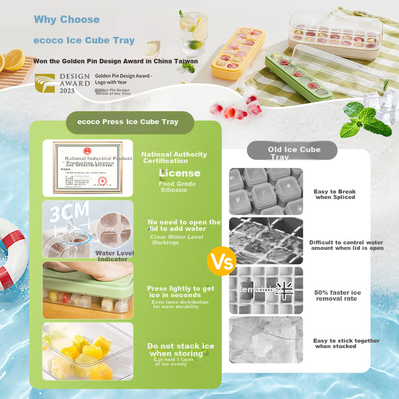 Ecocoyikeke Push-Release Ice Cube Mold, Food-Grade, 14 Green Grids