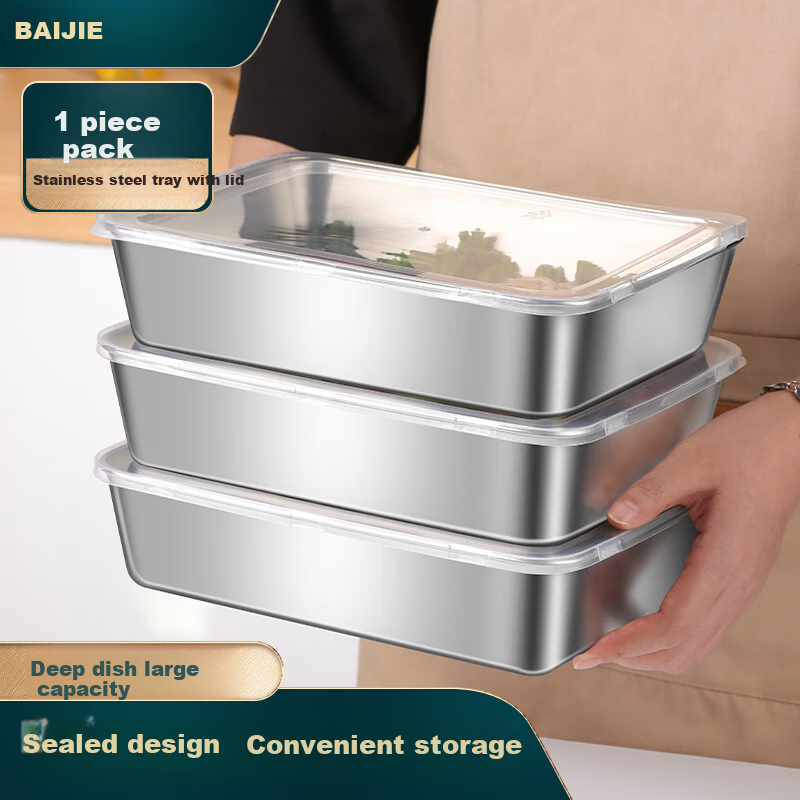 BJ 304 Extra Thick Stainless Steel Rectangular Tray with Lid