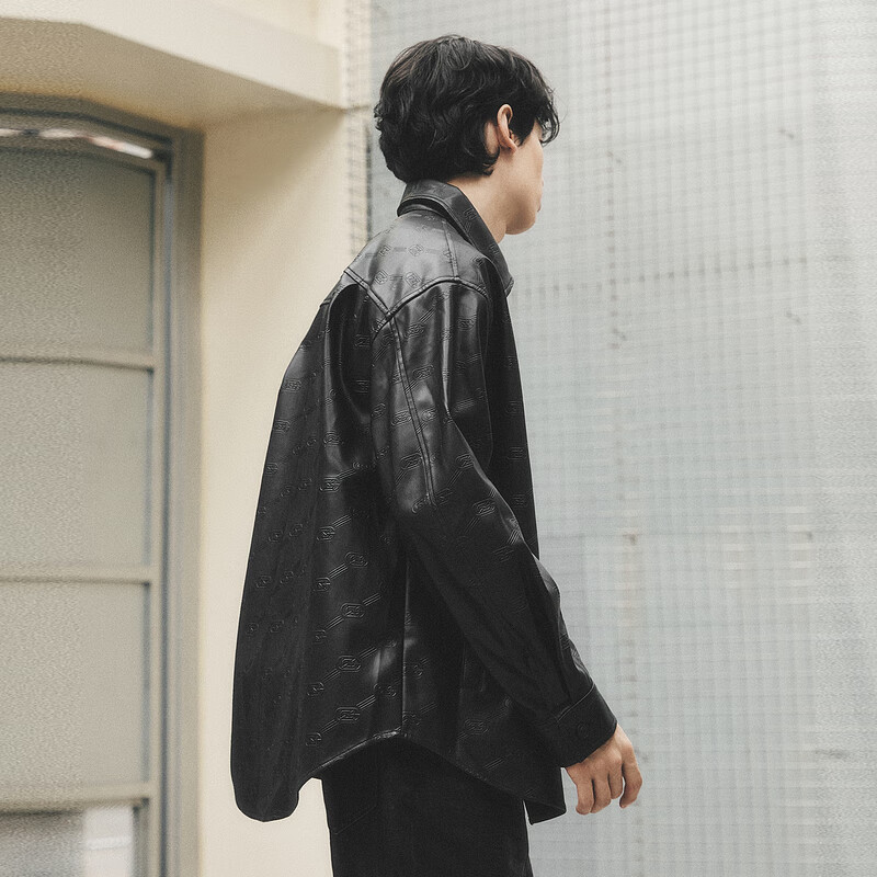GXG Men's 2024 Black Leather Jacket with Lapel Collar Shirt