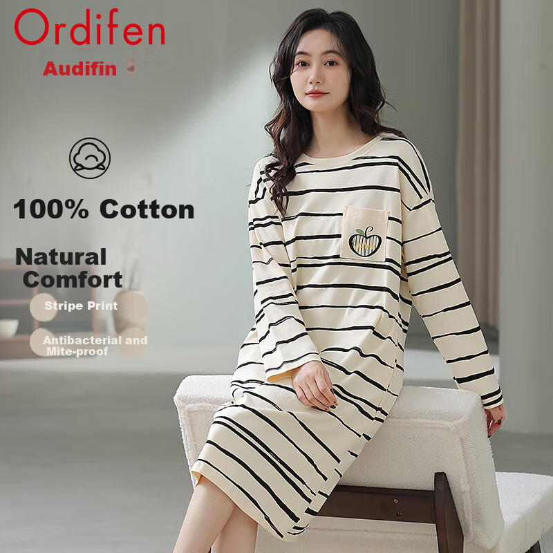 Ordifen Women's Cotton Pajamas, Long-Sleeve Nightgown