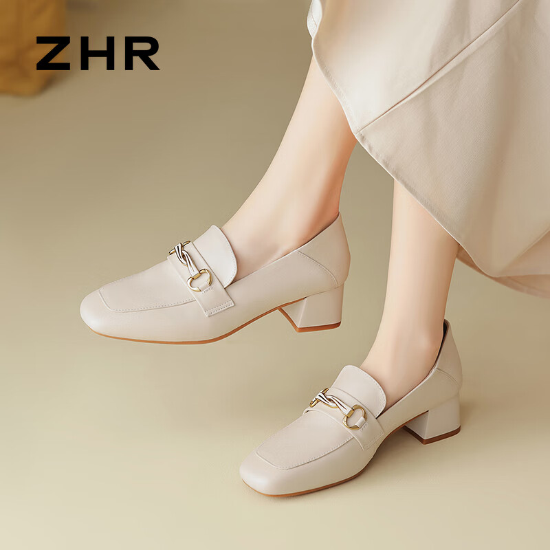 ZHR Women's Top-Grain Leather Flats with Chunky Heel