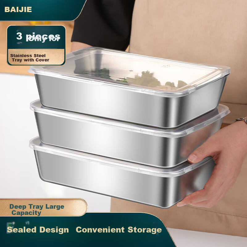 Baijie 304 Extra Thick Rectangular Tray Set with Lid