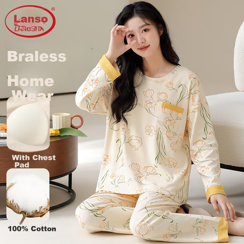 LangSha Women's Pure Cotton Pajamas with Chest Pads