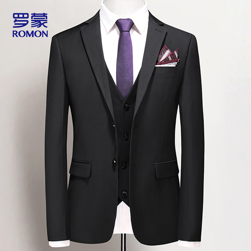 ROMON Men's Slim Fit Black Groom Wedding Suit Set