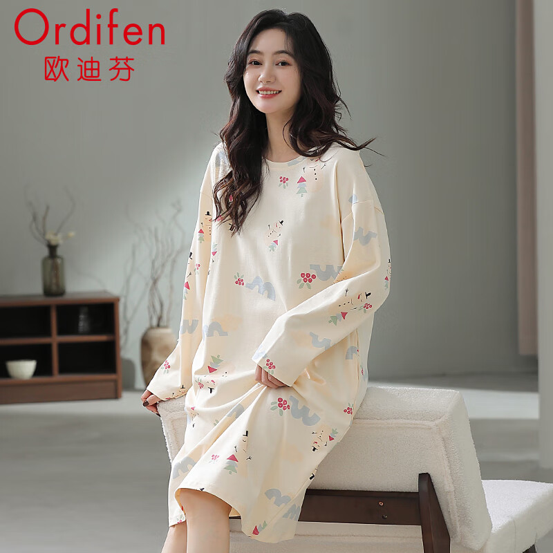 Ordifen Women's Cotton Pajamas Long-Sleeve Nightgown