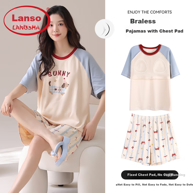 LangSha [100% Cotton] Women's Summer Pajamas with Bra Pads