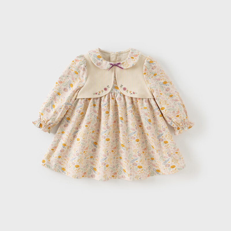 DAVE & BELLA Girls Autumn Floral Print Dress with Faux Two-Piece Skirt